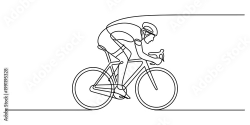 A minimalist single line drawing of a professional cyclist racing on a road bike in profile view Vector, illustration