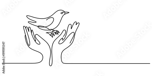 Tableau sur toile A single continuous line drawing of two human hands gently holding a small bird