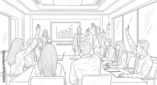 Business meeting, people raising hands in agreement, presentation with graph