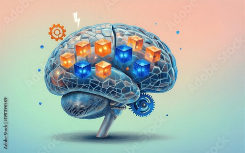 A brain with gears and cubes symbolizing thought processes and