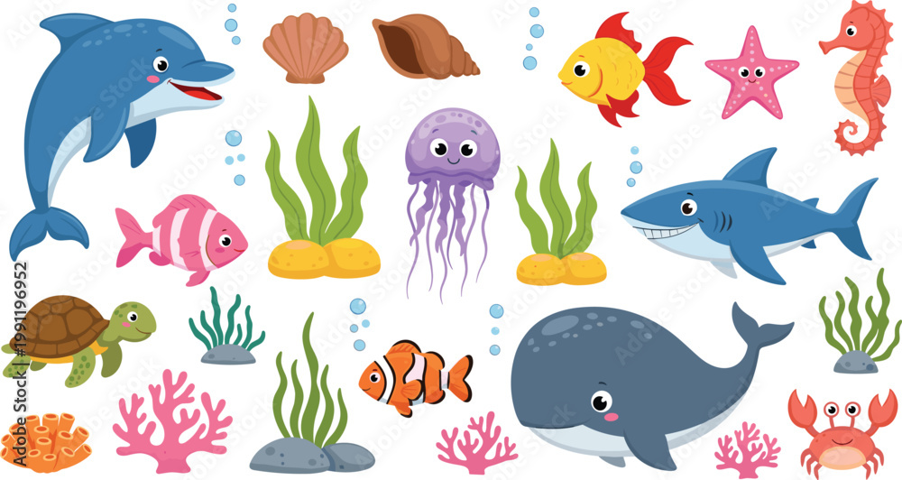 Obraz premium Cute Ocean Animals Set with Dolphin, Whale, Shark, Jellyfish, Fish, Turtle, and Coral Reef, Colorful Marine Cartoon Illustration for Kids