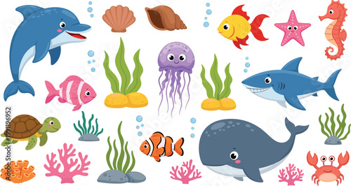 Cute Ocean Animals Set with Dolphin, Whale, Shark, Jellyfish, Fish, Turtle, and Coral Reef, Colorful Marine Cartoon Illustration for Kids