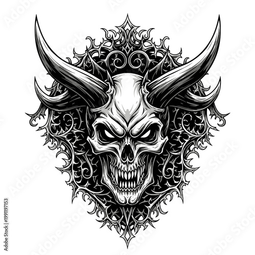 Intricate Horned Skull with Ornate Gothic Background, Dark Fantasy Art, Detailed Vector Illustration, Demon Head Design