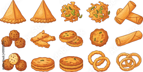 Indian snack vector illustrations showing samosas, pakoras, spring rolls, laddus, pastries, cookies, and murukku