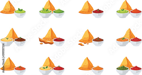 Indian food vector illustrations showing samosas with dipping sauces in colorful serving styles