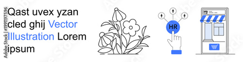 Human resources, e-commerce, nature, technology, data connection, retail solutions. a hand pointing to HR node, flowers and a storefront. Human resources and e-commerce concepts