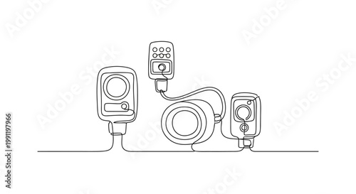Continuous Line Drawing of Vintage Audio Equipment: Speakers and Remote Control
