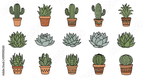 Collection of Hand-Drawn Potted Cacti and Succulents on White Background
