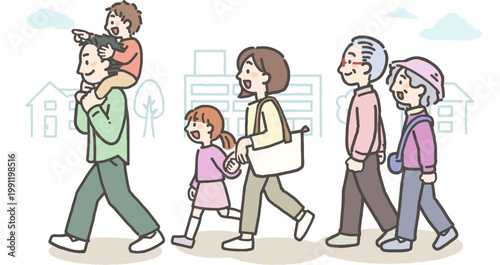 町中をお出かけする三世代家族