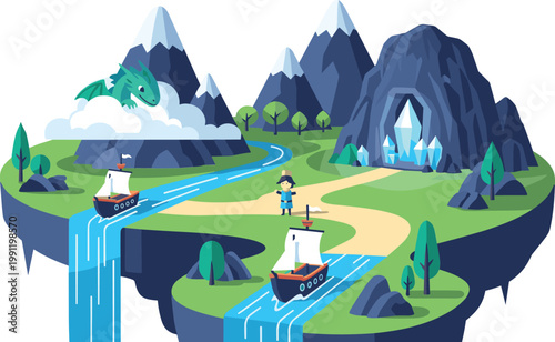 Fantasy adventure vector illustration showing floating island, waterfalls, sailboats, adventurer, sword, dragon, and glowing crystals