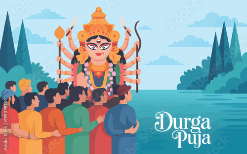 Hindu devotees standing by a river during the Durga Puja festival with an idol of Goddess Durga 