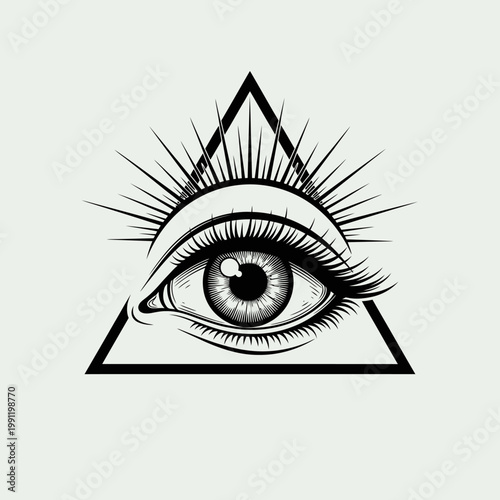 Mystical All-Seeing Eye in a Triangle with Radiating Light Rays. Black and white illustration of spiritual providence, vision, and wisdom.