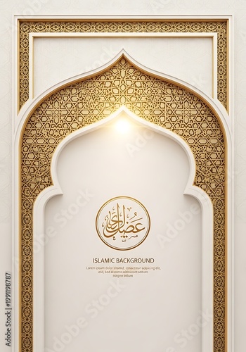 Luxurious islamic archway with intricate golden patterns and arabic script calligraphy geometric