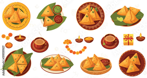 Indian festival food vector illustration showing samosas, chutneys, tea, sweets, diyas, and gift box
