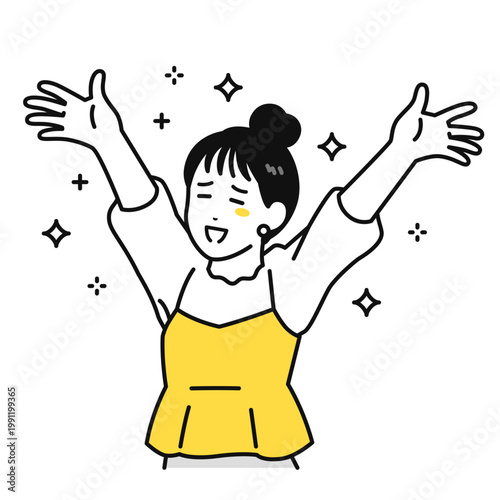 両手を広げて喜ぶまとめ髪の若い女性のイラスト素材