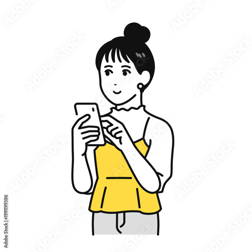 スマホを見るまとめ髪の若い女性のイラスト素材
