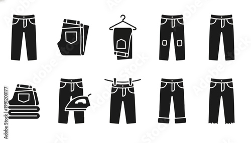 Collection of black icons representing various styles and ways of wearing jeans with belt loops clothing care clothing silhouette wardrobe