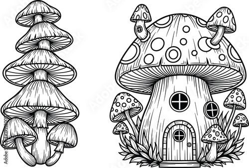 Mushroom Line Art Illustration with Fantasy House and Stacked Fungi for Coloring Pages, Botanical Design, and Whimsical Nature Concepts