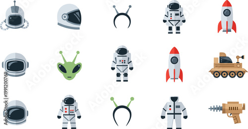 Space icon set vector illustrations showing astronauts, rockets, aliens, rovers, and ray guns