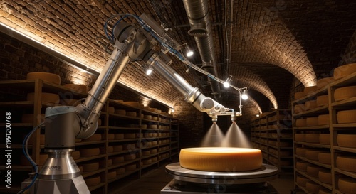 A robotic arm sprays a large wheel of cheese in a dimly lit storage room
