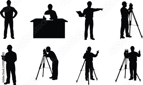 Surveyor and Engineer Silhouette Set with Construction Workers Using Equipment for Land Measurement, Architecture, and Field Work Concepts