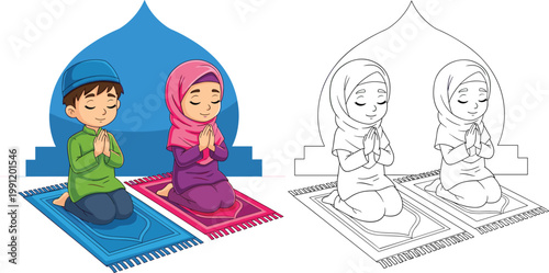 Muslim Kids Praying Illustration with Boy and Girl Performing Salah in Color and Line Art for Islamic Education and Ramadan Design
