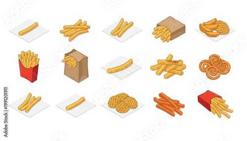 Isometric assortment of french fries and onion rings with fast food paper bag side dish junk food industry potato wedges curly fries