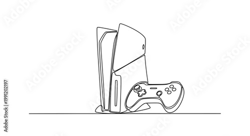 Next-gen gaming console and controller, minimalist line art, technology concept