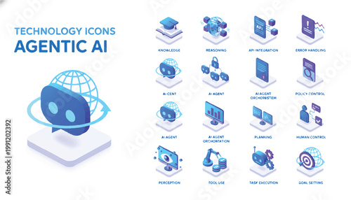 Agentic AI technology icons and globe illustration with artificial intelligence technology isometric computer software connection innovation