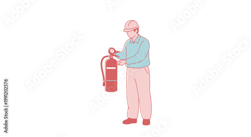Man holding red fire extinguisher device.
