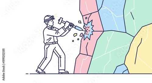 Man hitting rock with hammer hard.