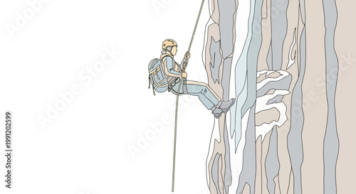 man climbing rock face with ropes.