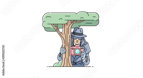 Cartoon detective man with magnifying glass.