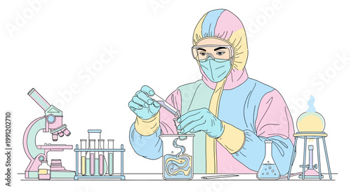 Scientist in protective gear working.