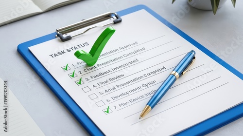 Task status checklist on a blue clipboard with green checkmarks showing project completion