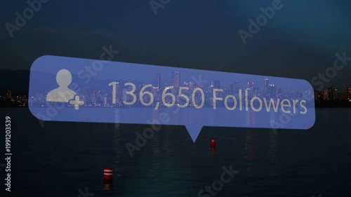 Blue follower bubble growing over waterfront, counting new followers, showing social media growth