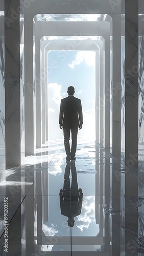 A lone figure walks towards a bright portal