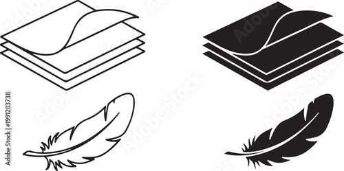 Black and white of stacked papers with feathers quill
