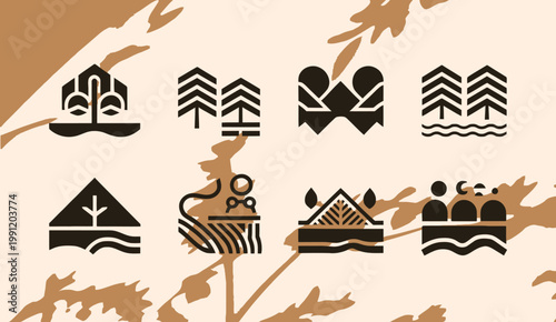 Ancient Egyptian symbols icon set vector illustration on papyrus background design