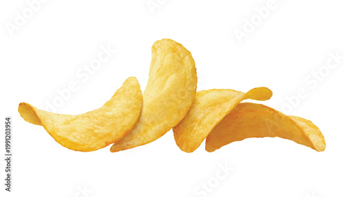 Crispy potato chips scattered against white background with junk food potato snack potato crisps fried potato product fast food snacking