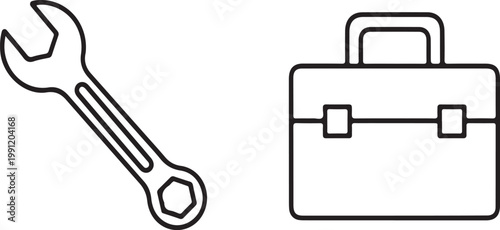 Black line of a wrench and a briefcase on white background