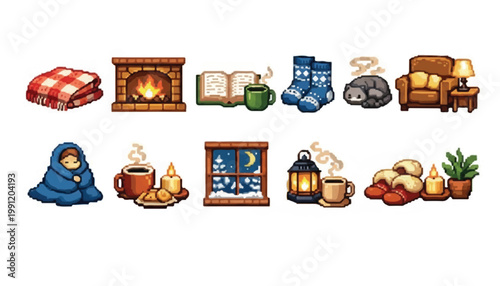 Cozy winter hygge collection of illustrations with hot beverage collection illustration fireplace armchair seasonal lifestyle temperature