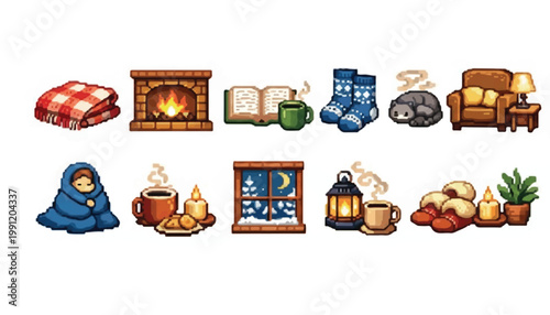 Cozy winter scene icons with pixel art hot chocolate winter clothes fireplace seasonal illustration elements charming hedgehog relaxation