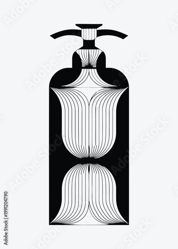 Stylized black and white bottle with abstract floral design and pump dispenser Keywords: bottle, dispenser, pump, abstract, design