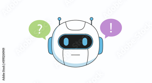 Friendly Robot Assistant with Question and Exclamation Bubbles