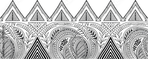 Black and white hand-drawn ethnic border with organic and geometric keywords: black and white