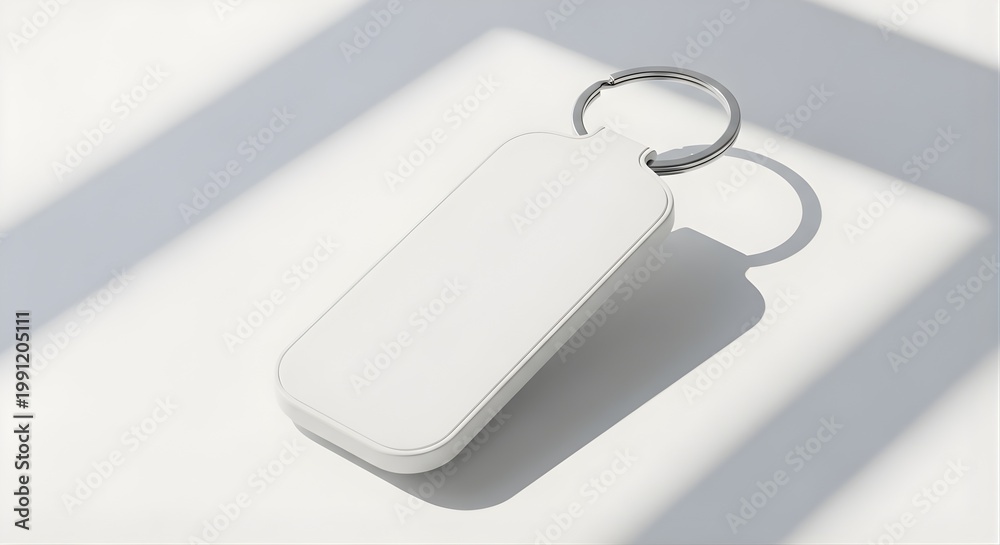 Fototapeta premium Blank white rectangular keychain mockup with metal ring, ideal for branding design, corporate identity, accessory personalization