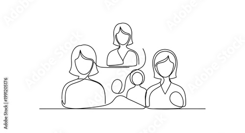 Continuous line drawing of diverse women and children in a group, representing family and community connection