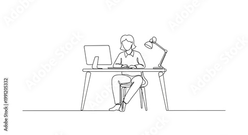 Woman working on computer at desk with lamp, minimalist line art illustration
