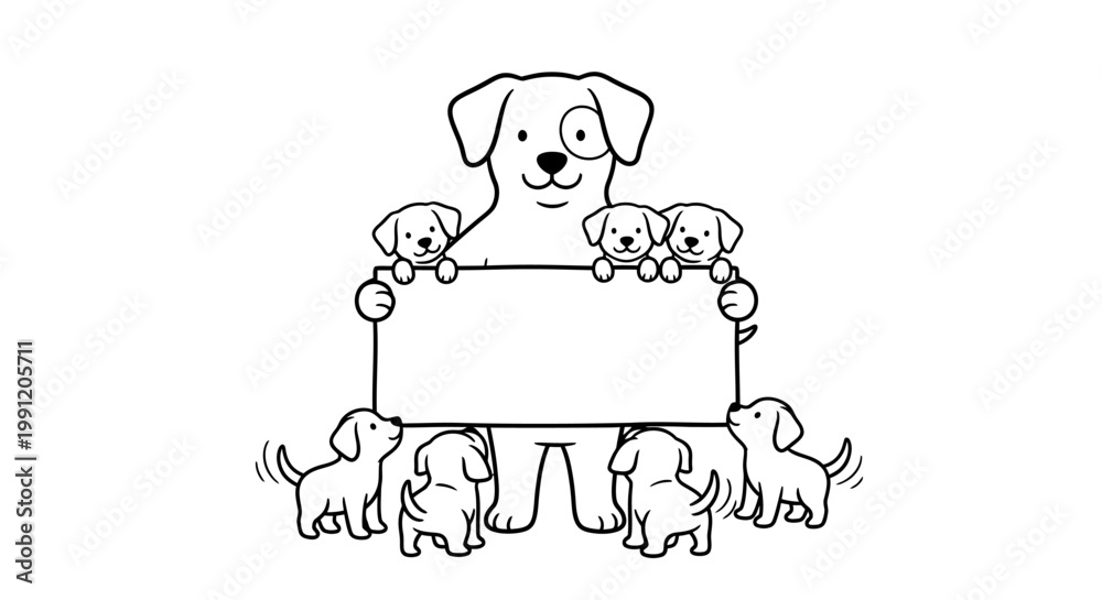 Fototapeta premium A heartwarming illustration of a mother dog holding a blank sign with her playful puppies surrounding her, happy mother's day.